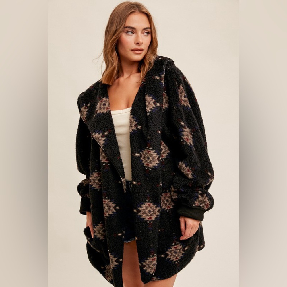 452. LAST 1! AZTEC PLUSH SOFT HOODIE Teddy Jacket Black Fleece Boho bohemian - Picture 2 of 6